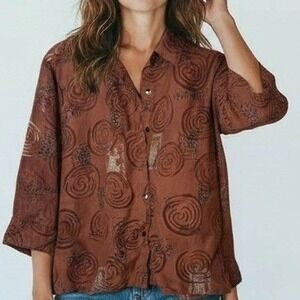 Vintage‎ Chico's Design Shirt Women 2 L Rust Brown Swirl Button Up Lagenlook